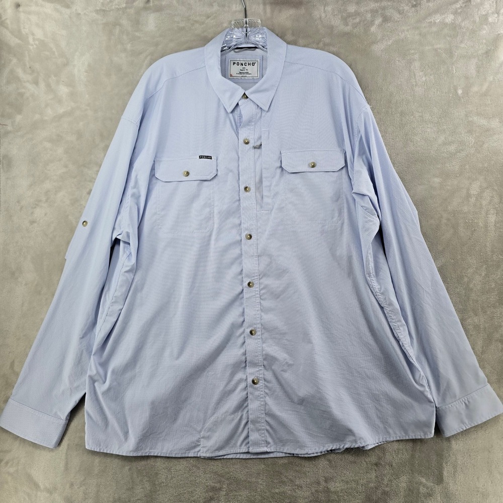 Poncho Fishing Shirt Mens XXL Blue Micro Grid Magnetic Pockets Long Sleeve